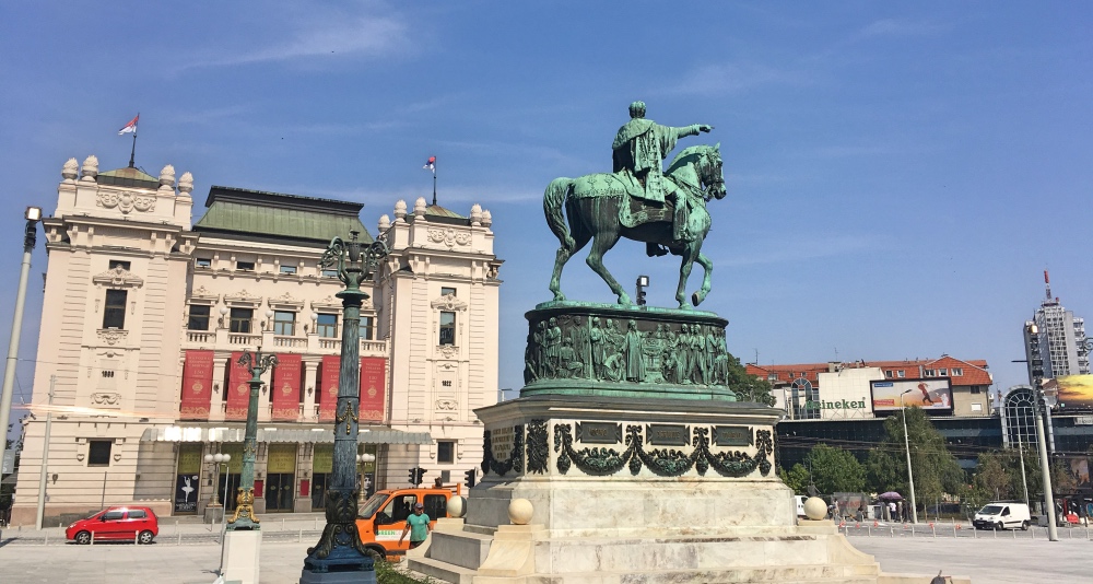 Monument to Knez Mihailo at Republic Square with the building of the National Theater Monument to Knez Mihailo at Republic Square with the building of the National Theater