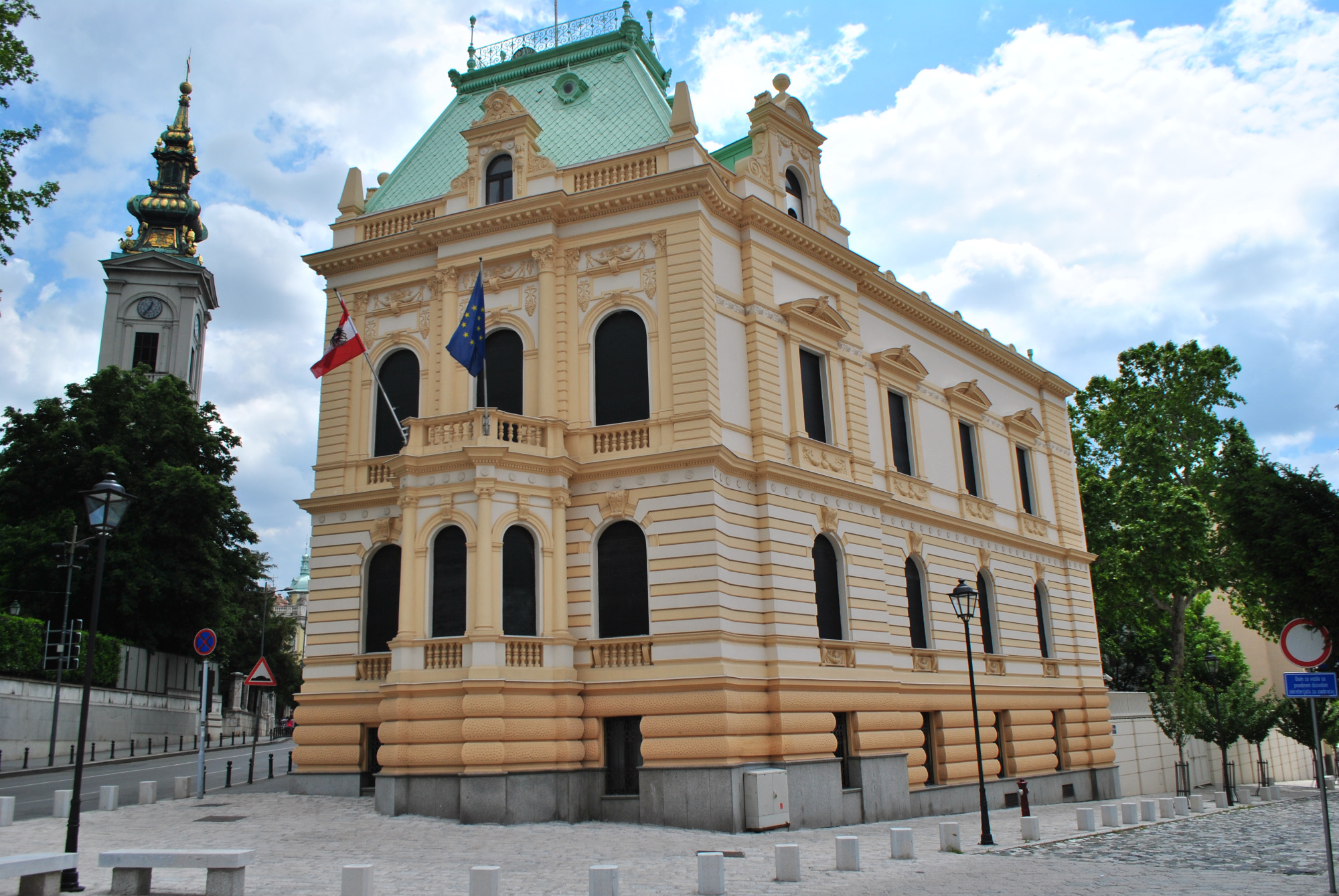 A view on Krsmanović House (now Austrian Embassy) and tower bell of the Cathedral Church St. Michael A view on Krsmanović House (now Austrian Embassy) and tower bell of the Cathedral Church St. Michael