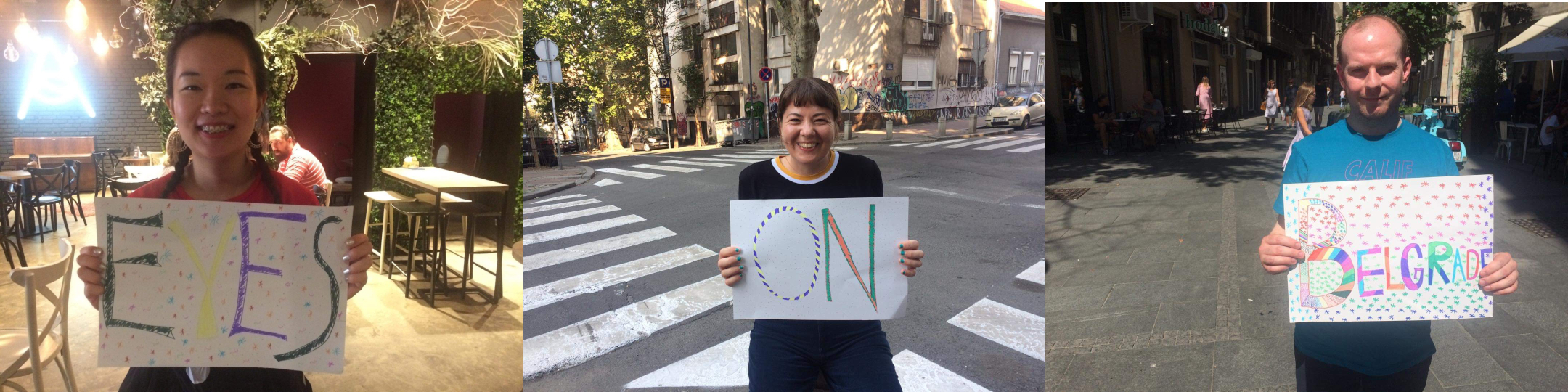 Eyes on Belgrade promo People holding banner Eyes on Belgrade